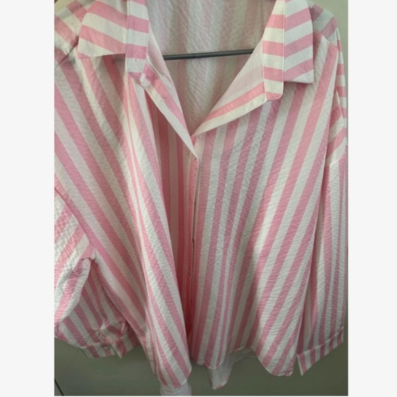 Pink with White Stripes Oversized Button Down Shirt Long Sleeve - Picture 8 of 9